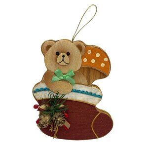 Vintage Teddy Bear Mushroom Wood Ornament Stocking 6 Inch Christmas Decoration